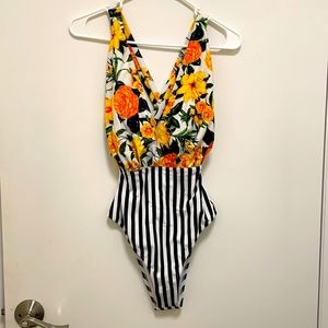 Yellow floral striped one piece swimsuit